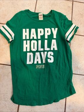 PINK Victoria's Secret Emerald Green 'Happy Holla Days' Tee